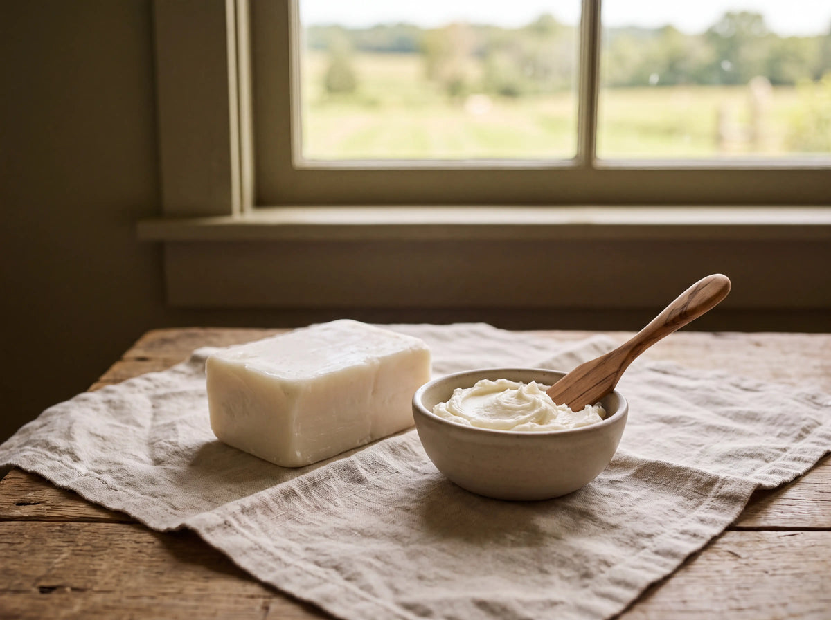 Pure rendered beef tallow and whipped tallow balm on a wooden table