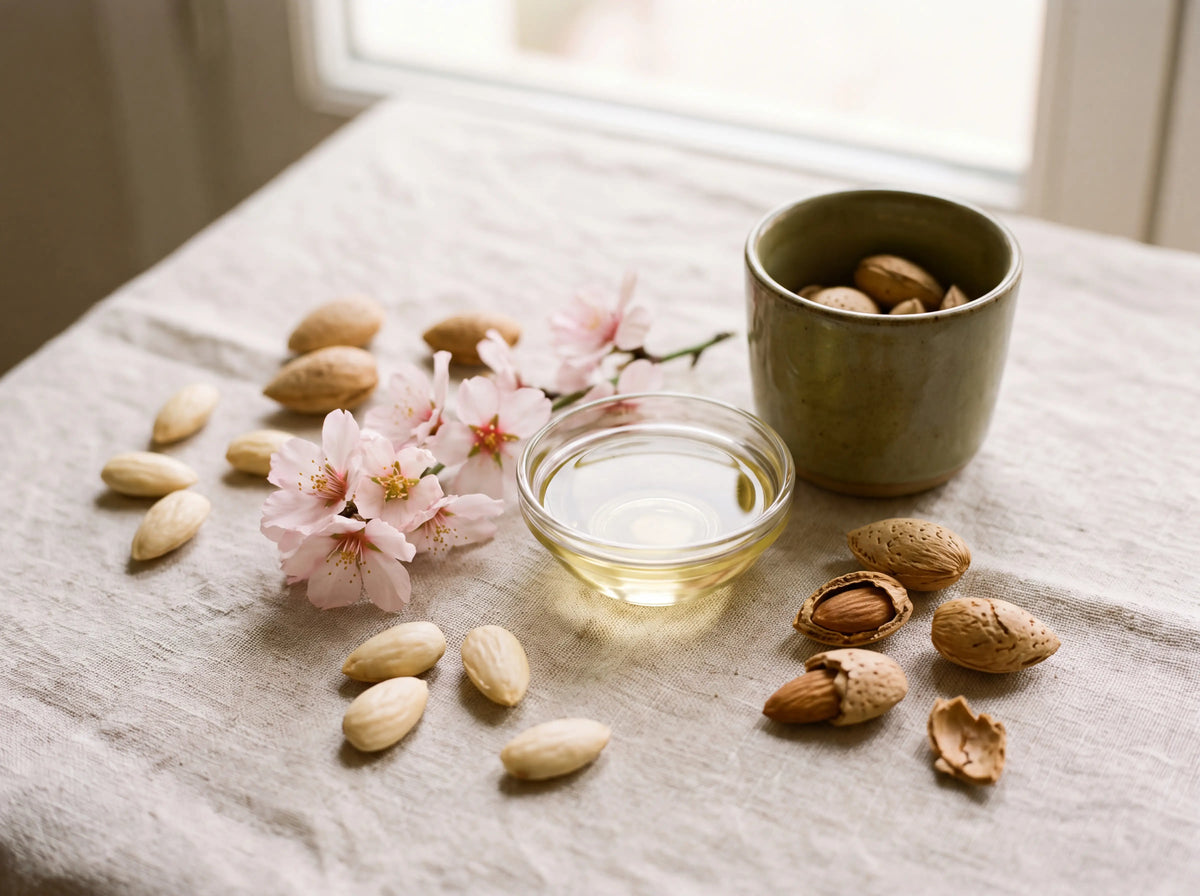 Sweet almonds, almond blossom and a bowl of sweet almond oil on linen