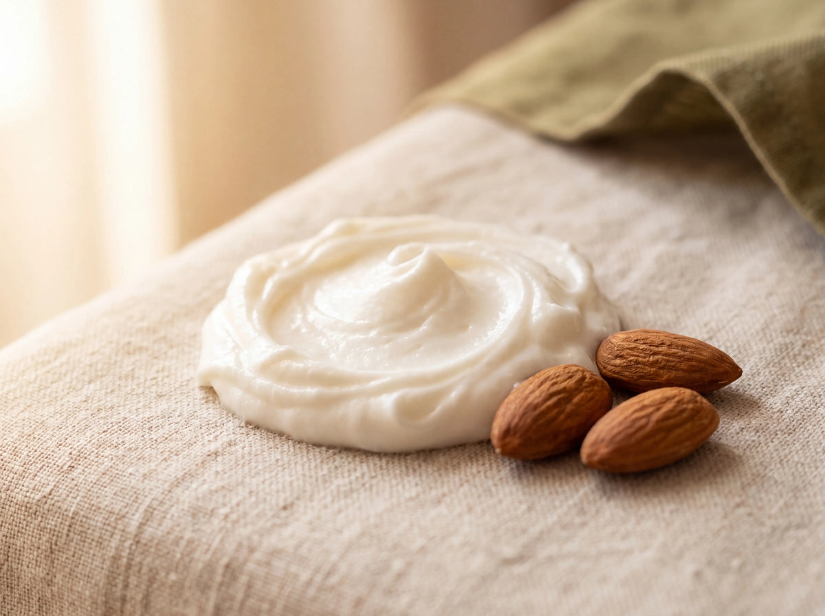 Swirl of whipped white balm with sweet almonds on linen