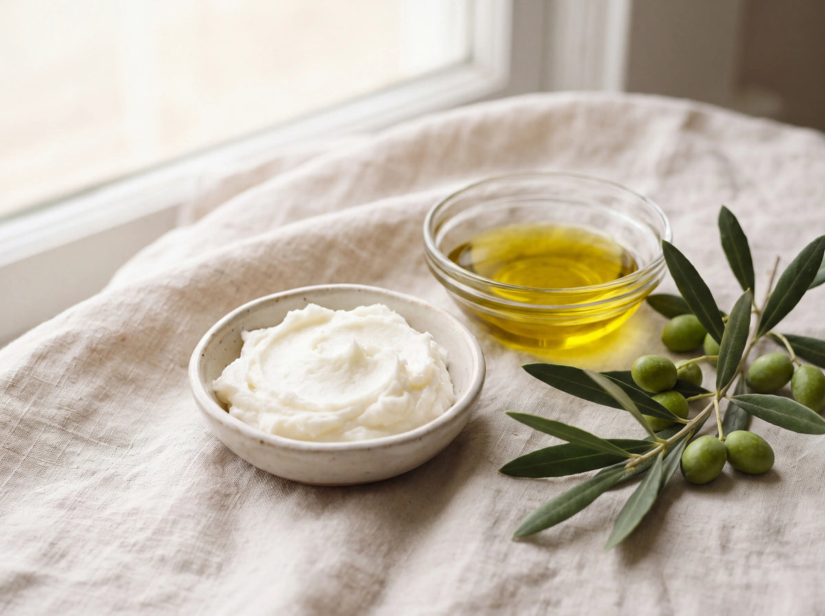 Whipped beef tallow balm with olive oil and an olive branch on linen
