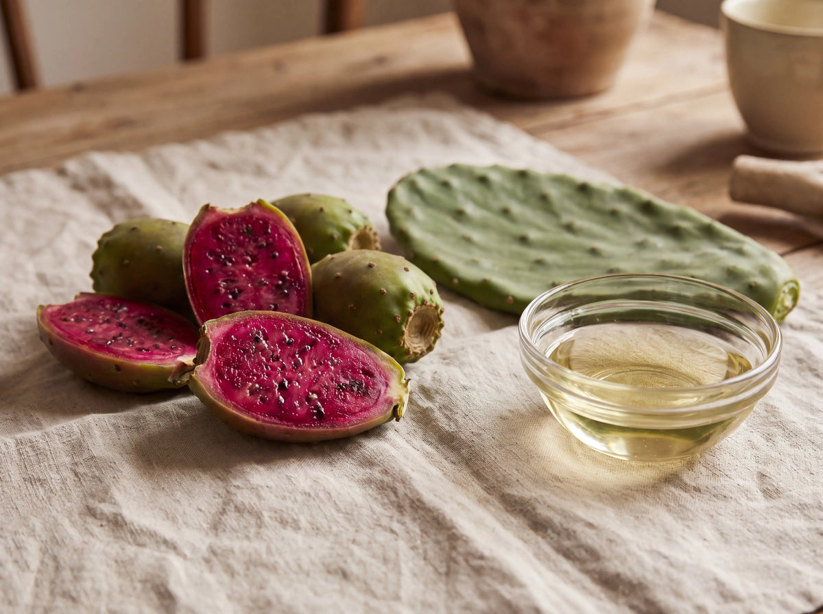 Opuntia fruit and cactus pad with a bowl of seed oil on linen