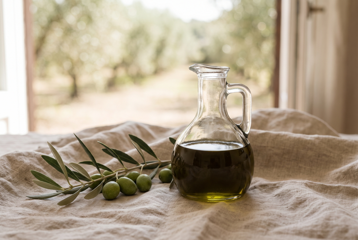 Extra virgin olive oil and an olive branch on linen