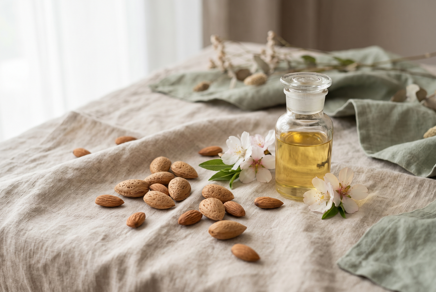 Sweet almonds and a bottle of almond oil on linen