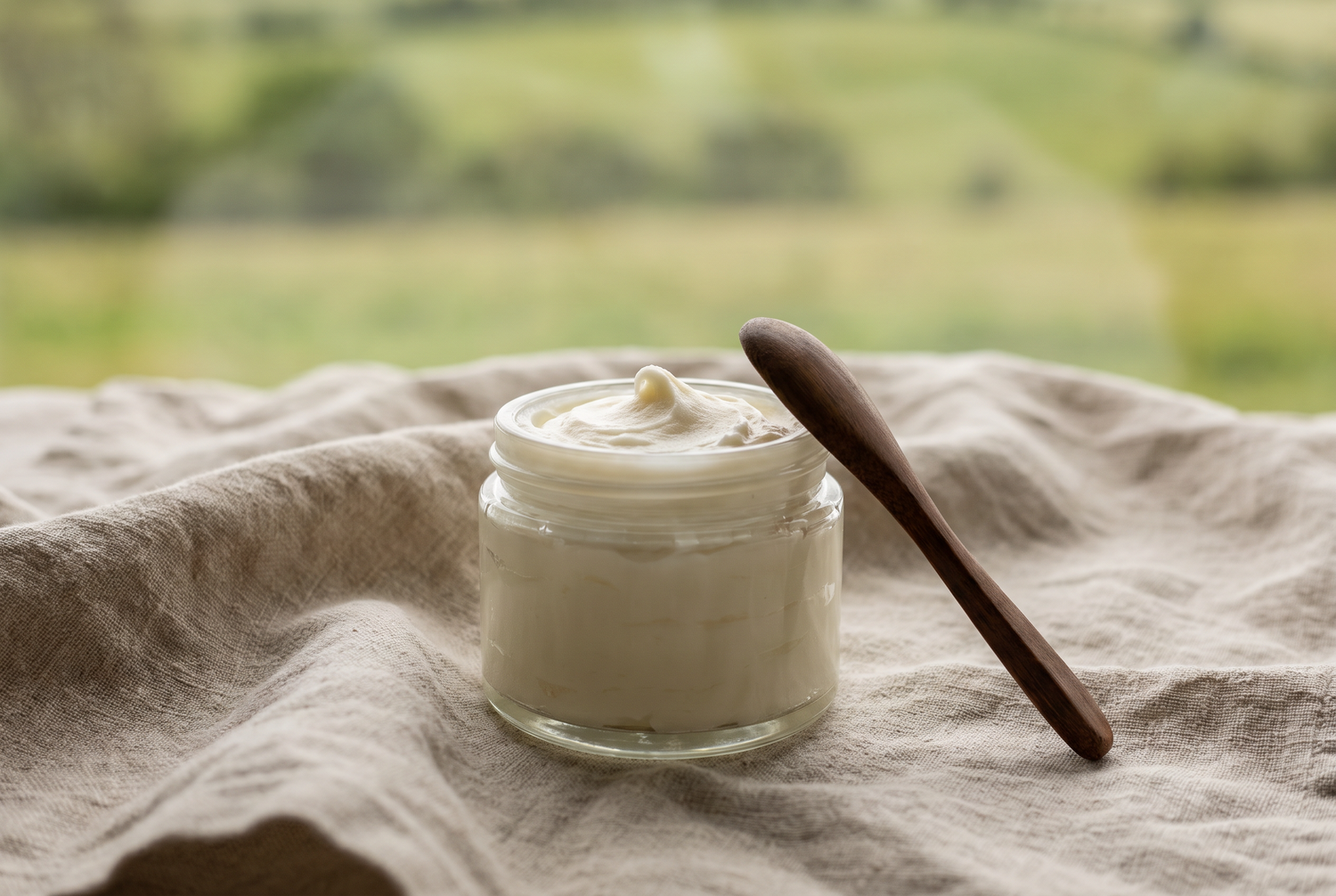 Whipped beef tallow in a glass jar on linen