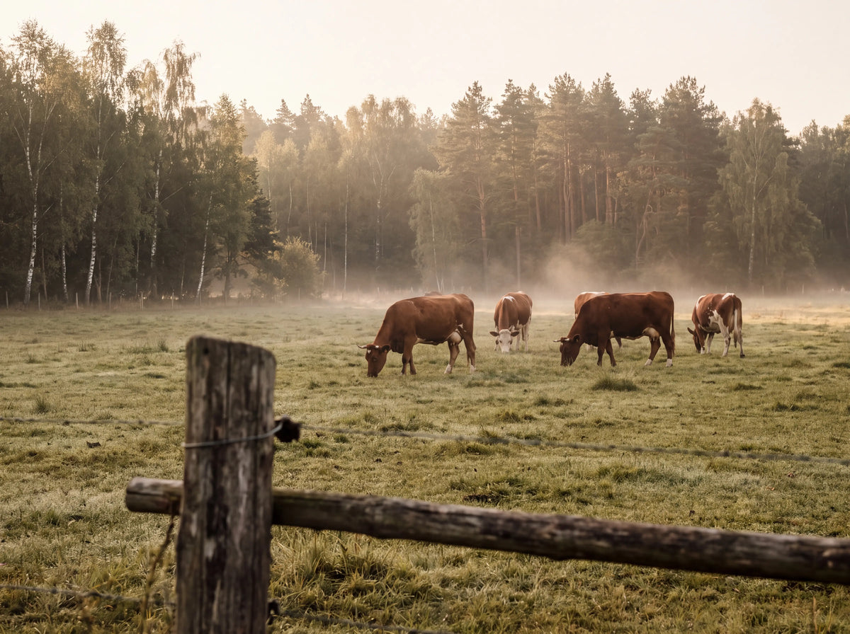 Cattle grazing on a meadow at the edge of a forest on a small Polish farm