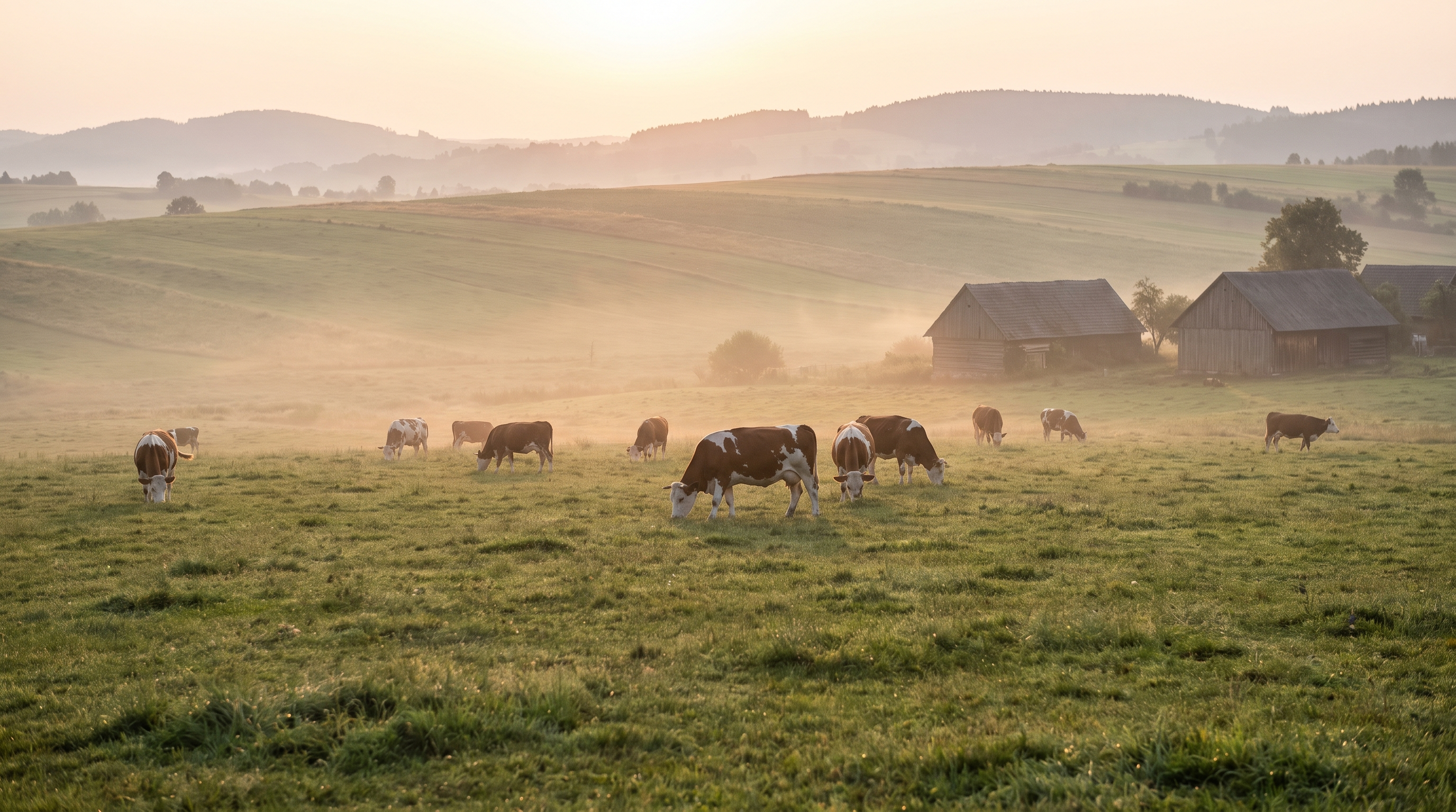 Polish countryside pasture at golden hour
