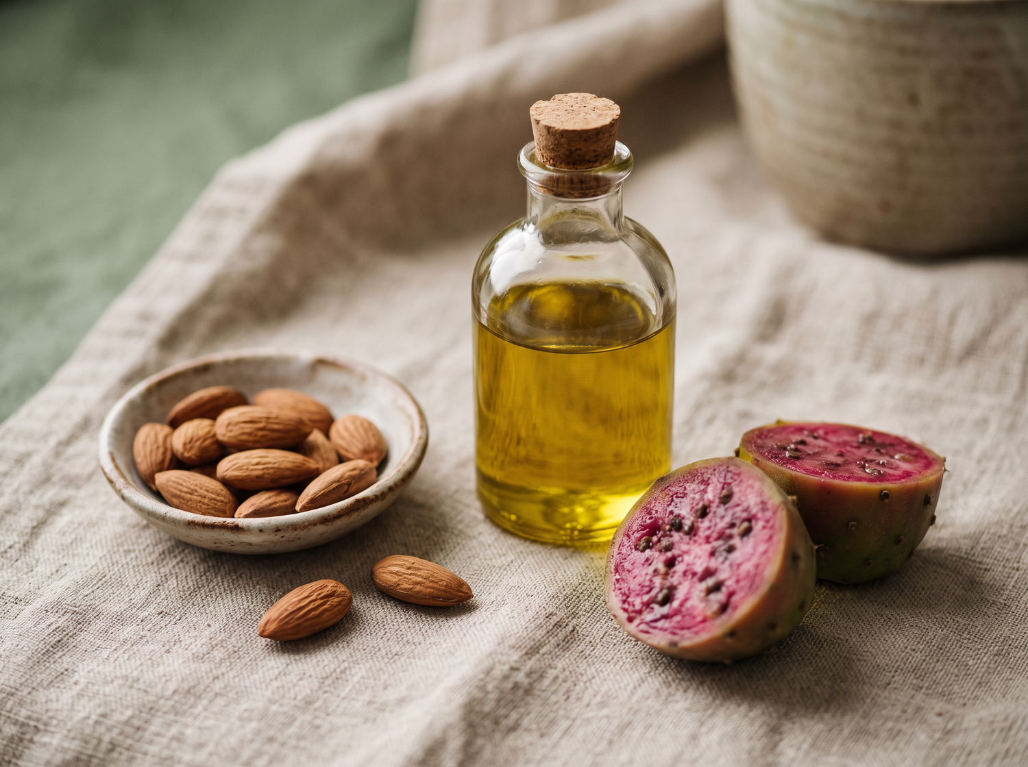 Olive oil, almonds and prickly pear on warm linen