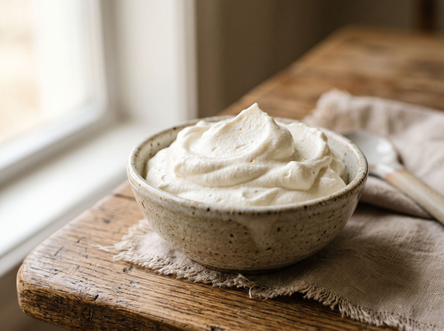 Whipped cream texture in a ceramic bowl on a wooden table