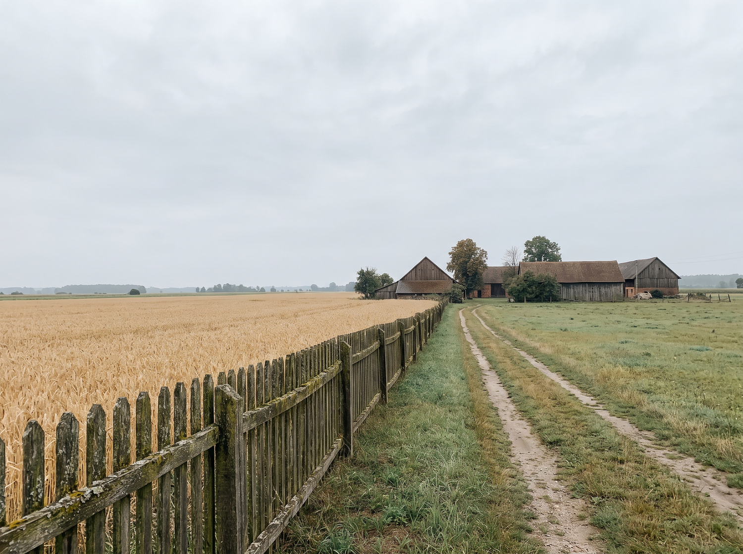Polish farmland with wheat field and wooden fence